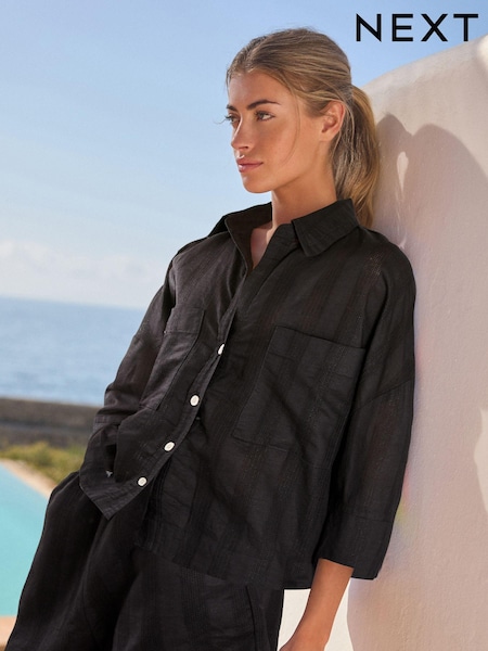 Black Linen Blend Short Sleeve Safari Shirt (E35257) | €13