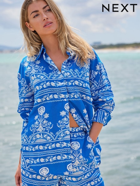Blue/White Print Linen Blend Long Sleeve Shirt (E35263) | €17.50