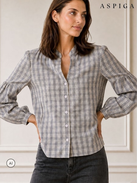 Сұр - Aspiga Notch Neck Check Blouse