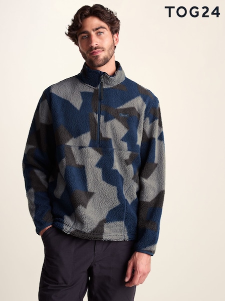 Blue - Regular Tog 24 Zermatt Relaxed Fit Sherpa Fleece Zip Neck
