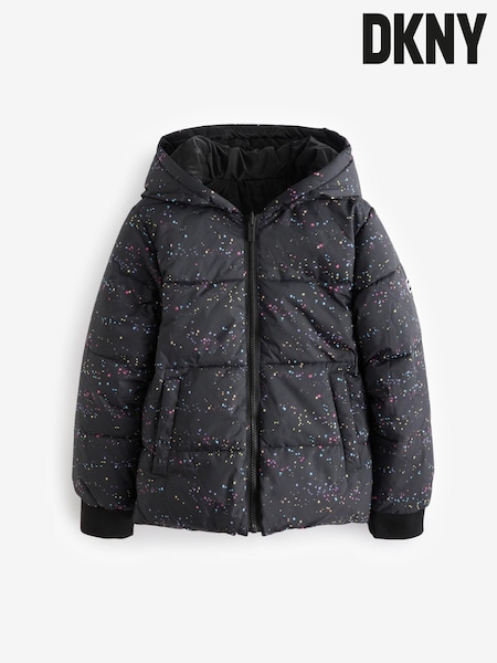 DKNY Splat Print Logo Black Puffer Coat (E35546) | €137 - €156
