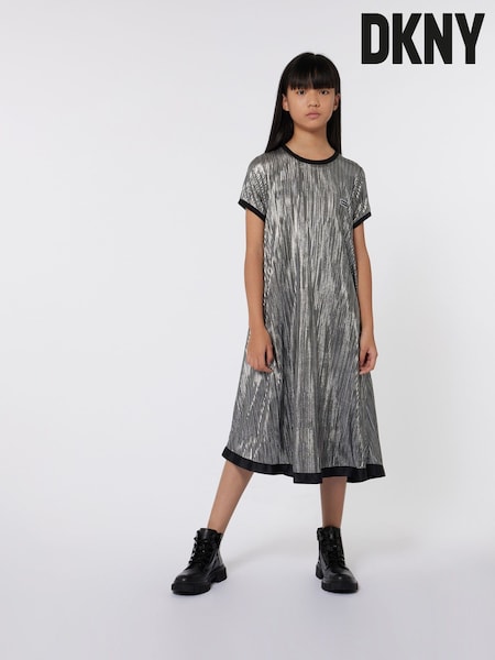 DKNY Silver Metalic Plisse Logo Midi Dress (E35549) | €63 - €66
