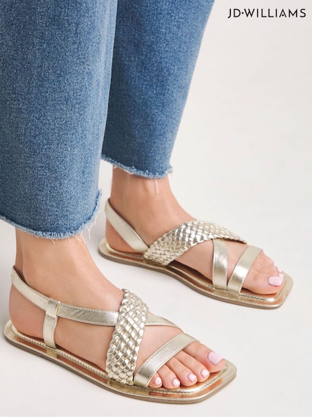 JD Williams Gold Extra Wide Fit Leather Woven Elastic Flat Sandals (E35589) | €24