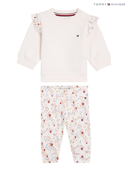 Tommy Hilfiger White Flower Print Sweat 100% Cotton Top and Joggers 2 Piece Set (E35764) | AED189