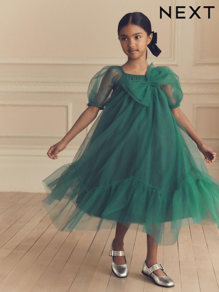 Green Bow Detail Sparkle Mesh Dress (3-16yrs) (E35874) | 86 QAR - 107 QAR