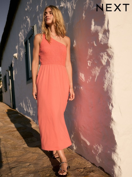 Coral Pink Shirred One Shoulder 100% Cotton Midi Dress (E35975) | $39