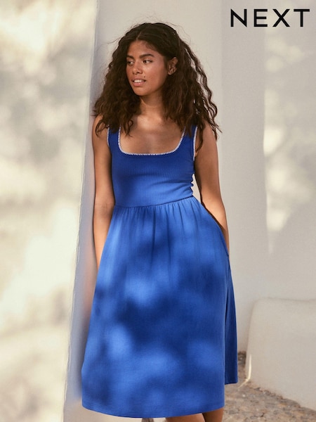 Cobalt Blue Cotton Jersey Midi Summer Dress (E35982) | $33