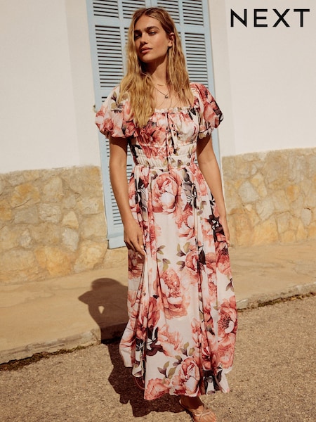 Pink Puff Sleeve Midi Dress (E35986) | $68