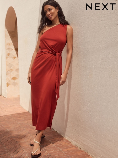 Rust Brown One Shoulder Summer Midi Dress (E35987) | $44