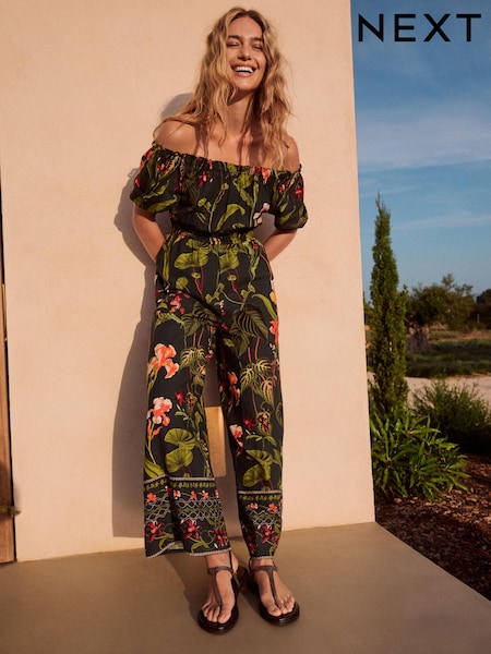 ירוק אמרלד  - Off Shoulder Wide Leg 100% Cotton Jumpsuit (E35996) | ‏117‏₪