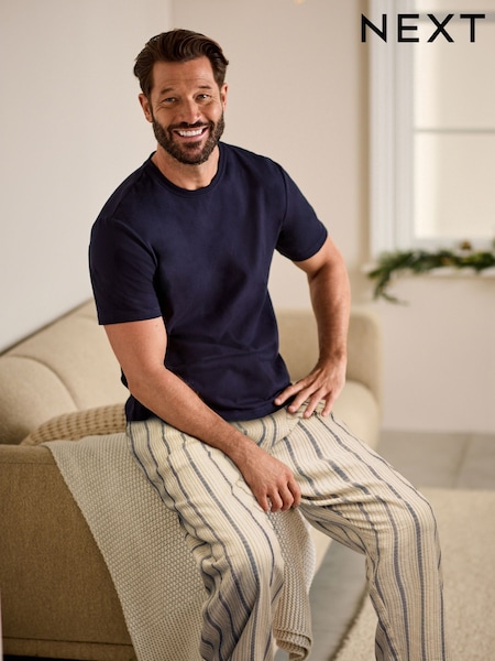 Navy Blue Stripe Woven Pyjamas Set (E36092) | AED85