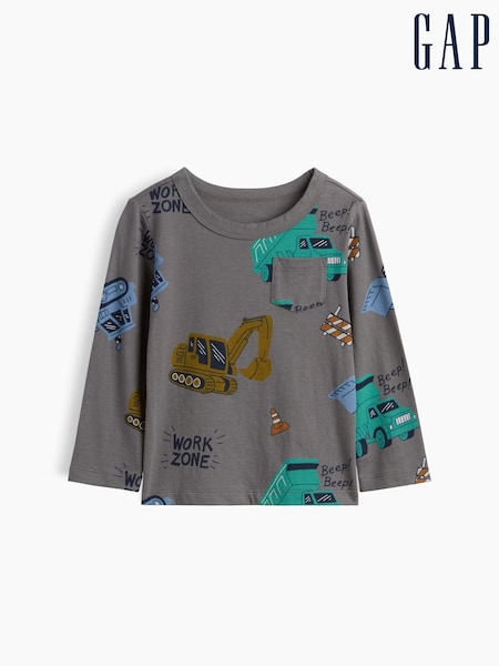 Grey - Gap Print Pocket Long Sleeve T-shirt (6mths-5yrs)