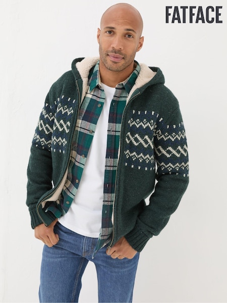 FatFace Dark Green Findon Knitted Pattern Hoodie (E36432) | €72