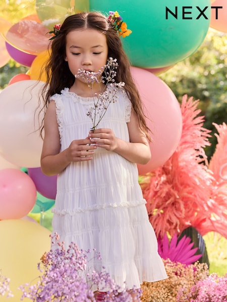 White Shirred Ruffle Party Dress (3-16yrs) (E36519) | €26 - €35
