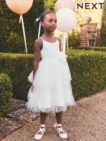 לבן - Corsage Tulle Flower Girl Dress (3-16yrs) (E36521) | ‏193‏₪ - ‏218‏ ₪