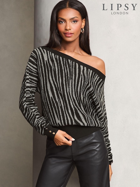 Lipsy Grey Animal Metallic Slash Neck Knit Jumper (E36528) | €35