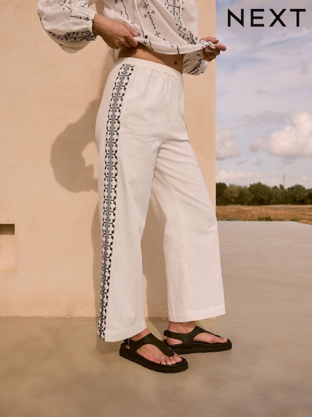 Monochrome 100% Cotton  Embroidered Wide Leg Trouser (E36548) | AED206