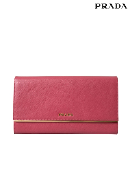 Prada Pink Iconic Saffiano Leather Bifold Wallet with Flap Closure and Gold Metal Detailing (E36557) | €1,042