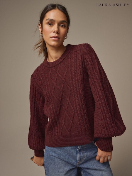 Laura Ashley Burgundy Red Cable Knit Jumper (E36692) | €39