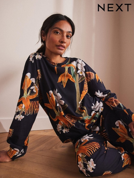 أسود/برتقالي زهور - Kew Collection 100% Cotton Long Sleeve Pyjamas (E36782) | ‏63 ر.ق.
