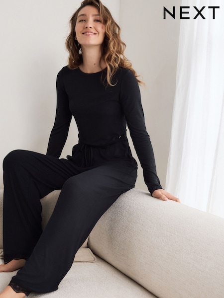 Black Ribbed Lace Long Sleeve Pyjamas (E36783) | R$ 280