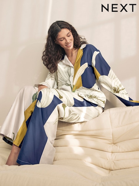 Navy/Ecru Stripe Floral Kew Collection Button Through Pyjamas (E36787) | €42.50