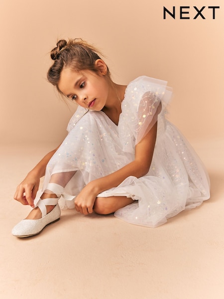 Ivory Glitter Tie Ballerina Occasion Shoes (E37043) | €32 - €42