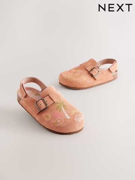 Tan Brown Embroidered Suede Slip-On Clogs (E37360) | AED127 - AED163