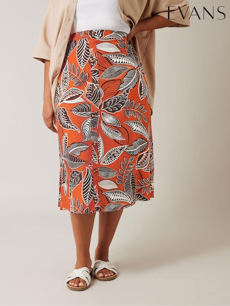 Evans Orange Printed Linen Blend Skirt (E37392) | €55