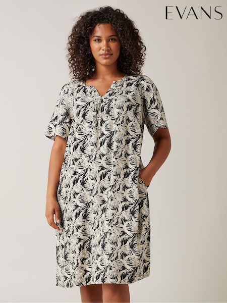 שחור - Evans Curve Tropical Print Linen Dress (E37407) | ‏236‏₪