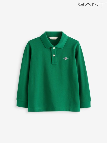 GANT Green Kids Shield Long Sleeve Piqué 100% Cotton Polo Shirt (E37458) | kr714