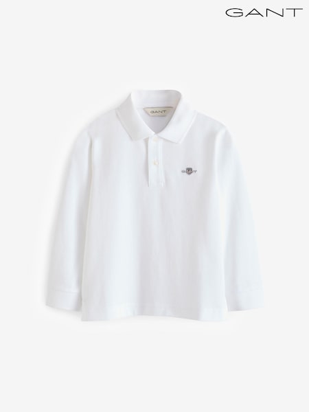 GANT White Shield Kids Long Sleeve Piqué 100% Cotton Polo Shirt (E37460) | kr714