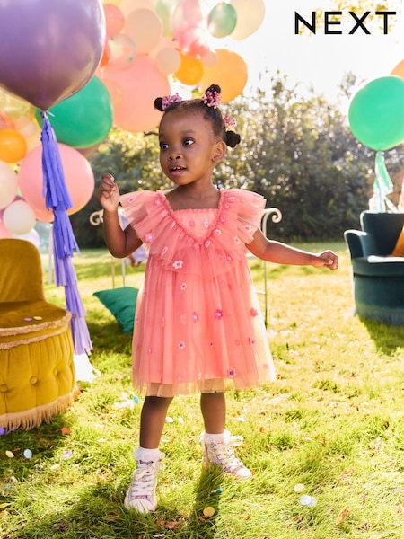 Coral Pink Embroidered Mesh Party Dress (3mths-8yrs) (E37867) | AED63 - AED85