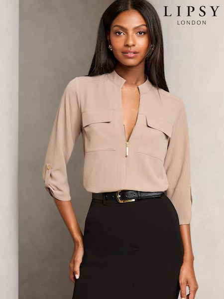 Lipsy Biege Zip Front Utility Pocket Blouse (E37922) | €30