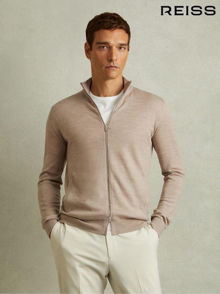 Pšeni melange - Reiss Hampshire Merino Wool Zip-Through Funnel-Neck Cardigan (E37976) | € 155