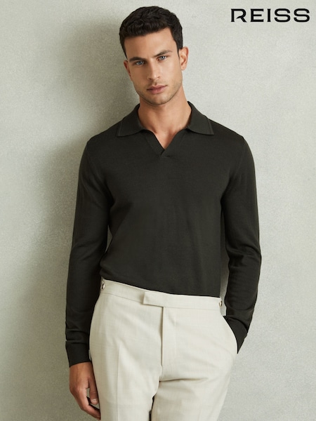 Reiss Dark Military Green Maxwell Merino Wool Half-Zip Polo Shirt (E37979) | $195