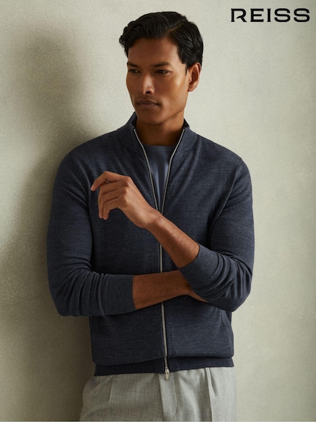 Temno airforce modra melange - Reiss Hampshire Merino Wool Zip-Through Funnel-Neck Cardigan (E37985) | € 155
