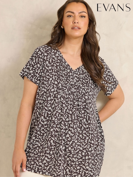 Brown - Evans All Over Print Short Sleeve Henley Top