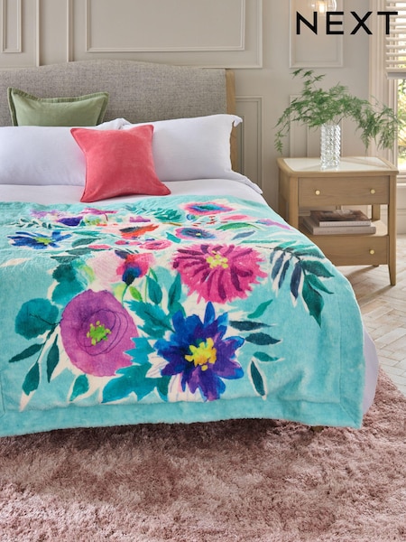 Teal Blue Floral Print Plush Faux Fur Throw (E38101) | €21.50