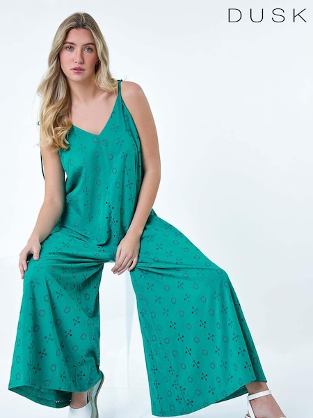 Dusk Blue 100% Cotton Broderie Pocket Wide Leg Jumpsuit (E38117) | €92