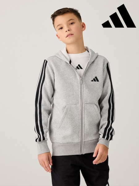 adidas Grey 3 Stripe Fleece Full Zip Hoodie (E38220) | $46