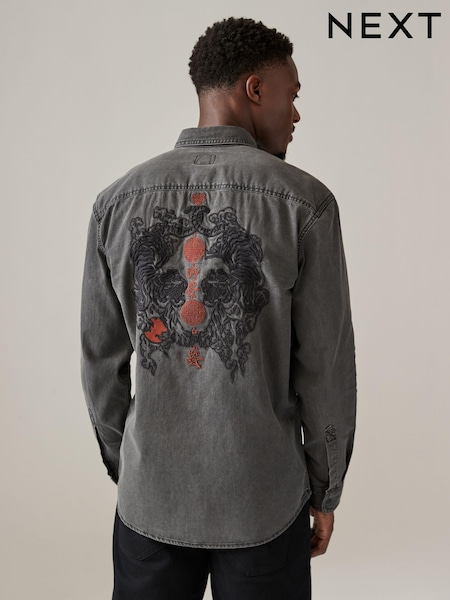 Black Denim Long Sleeve Embroidered 100% Cotton Shirt (E38715) | 138 QAR