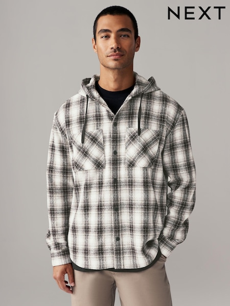 שחור/לבן - Check 100% Cotton Hooded Shacket Overshirt (E38717) | ‏165‏₪
