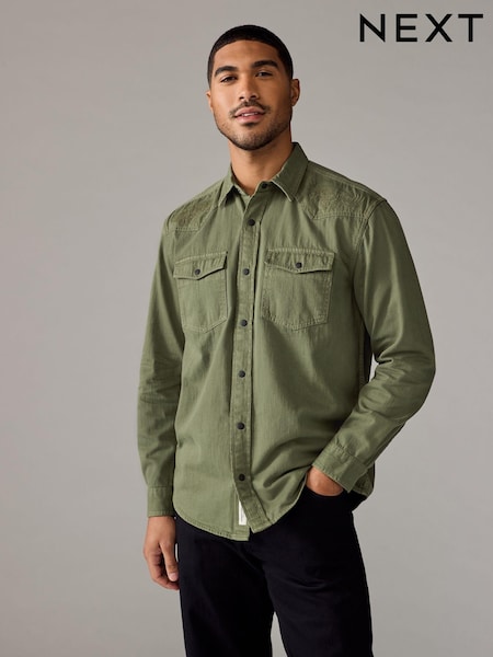 Sage Green Denim Long Sleeve Embroidered 100% Cotton Shirt (E38718) | AED87