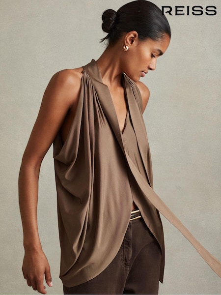 Reiss Dark Mink Luisa Draped Tie Neck Top (E38851) | 720 QAR