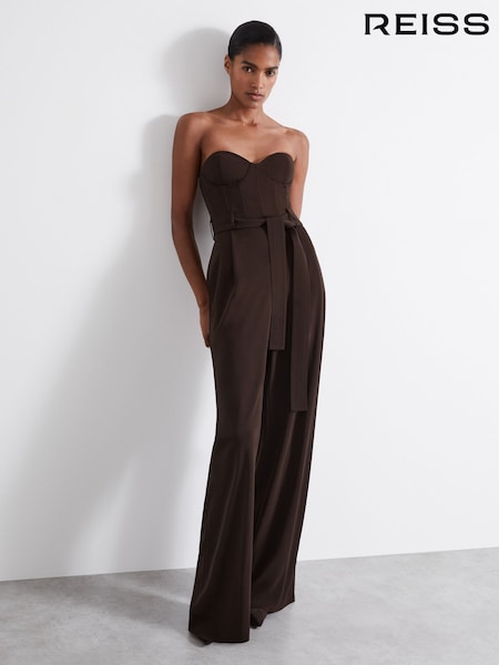 Reiss Chocolate Estel Atelier Strapless Crepe Bustier Jumpsuit (E38859) | 2,903 QAR