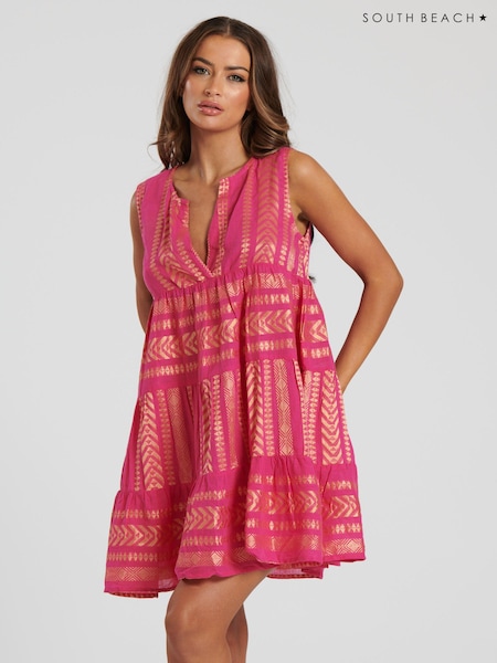 South Beach Pink Metallic Jacquard Sleeveless 100% Cotton Tiered Knee Length Dress (E38923) | €27
