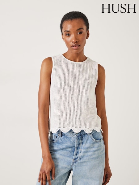 Hush White Adelina Crochet Scallop Edge Knitted 100% Cotton Tank (E39115) | €42