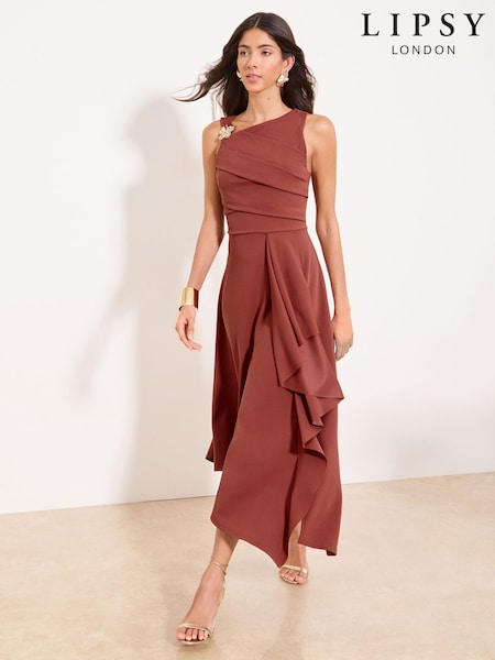 Rust Brown - Lipsy Gold Trim Ruffle Drape Fit And Flare Midi Dress