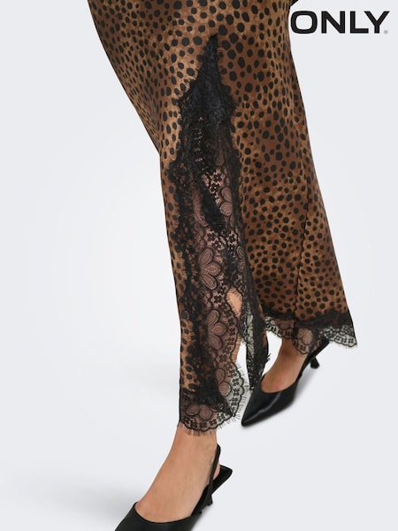 Braun - Only Leopard Print Lace Detail Satin Midi Skirt